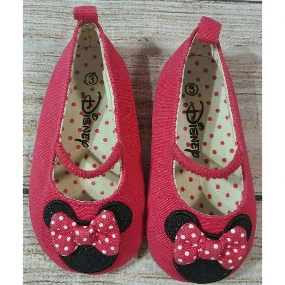 Disney Minnie Mouse Baby Shoes Size 3 Soft Sole Ballet Flats Pink Black Glitter - Picture 2 of 6